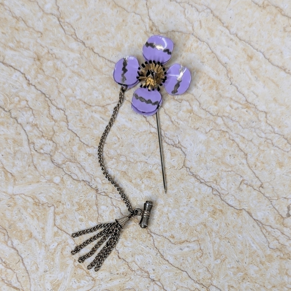 Vintage Purple Gold Enamel Floral Pin Brooch with Chain Accent - Picture 4 of 7